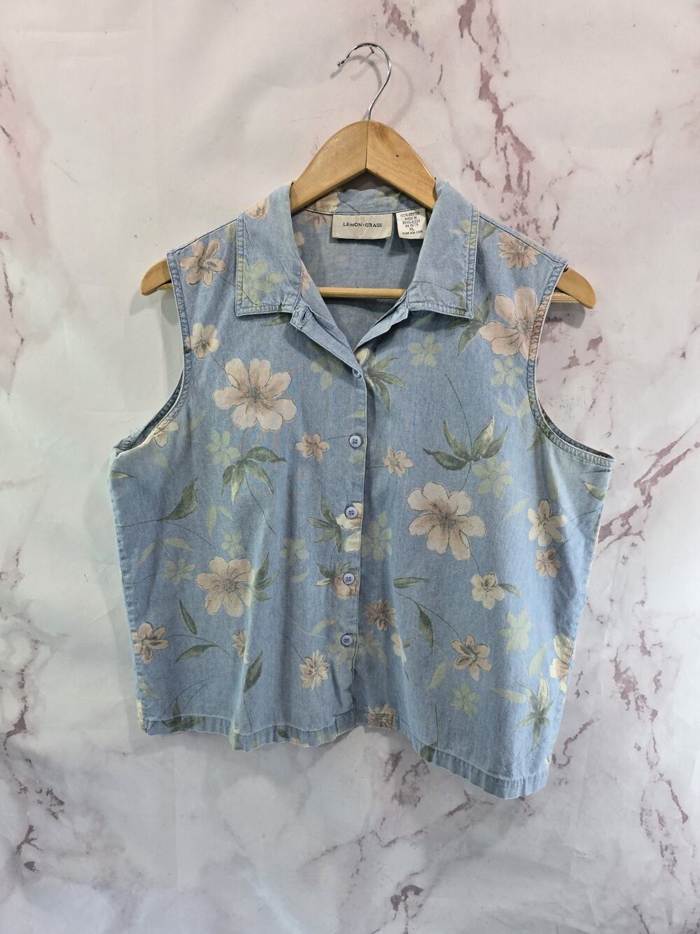 Vintage Tank Top Womens XL Blue Floral 90s Button Up Boxy Crop Chambray